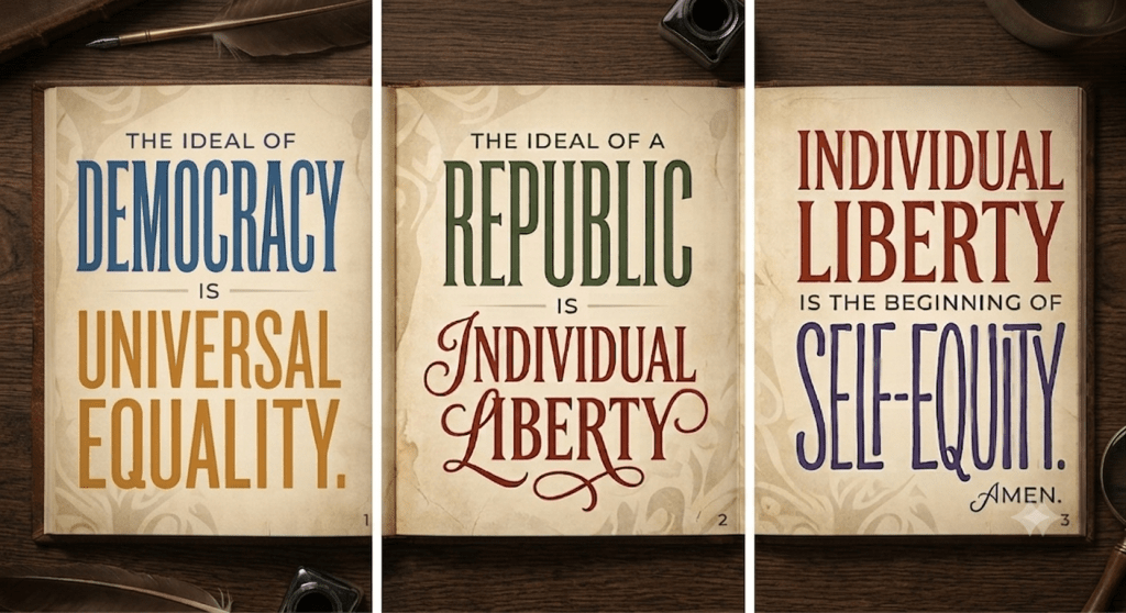 Democracy, republic, individual liberty, and self-equity triptych